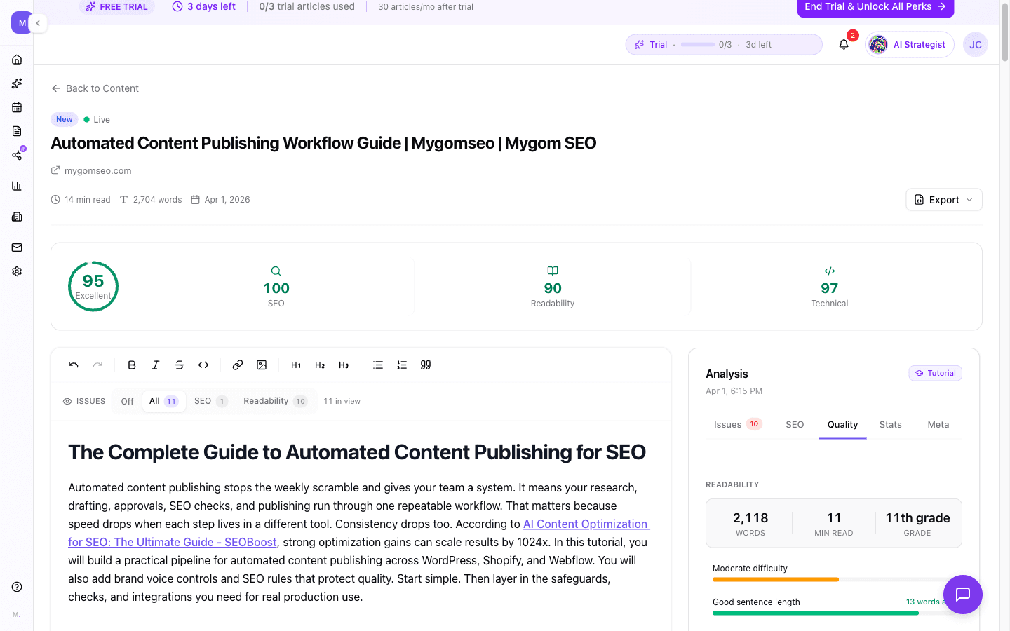 Quality analysis showing overall score ring with breakdowns for SEO, readability, AI detection, brand voice, and HTML structure