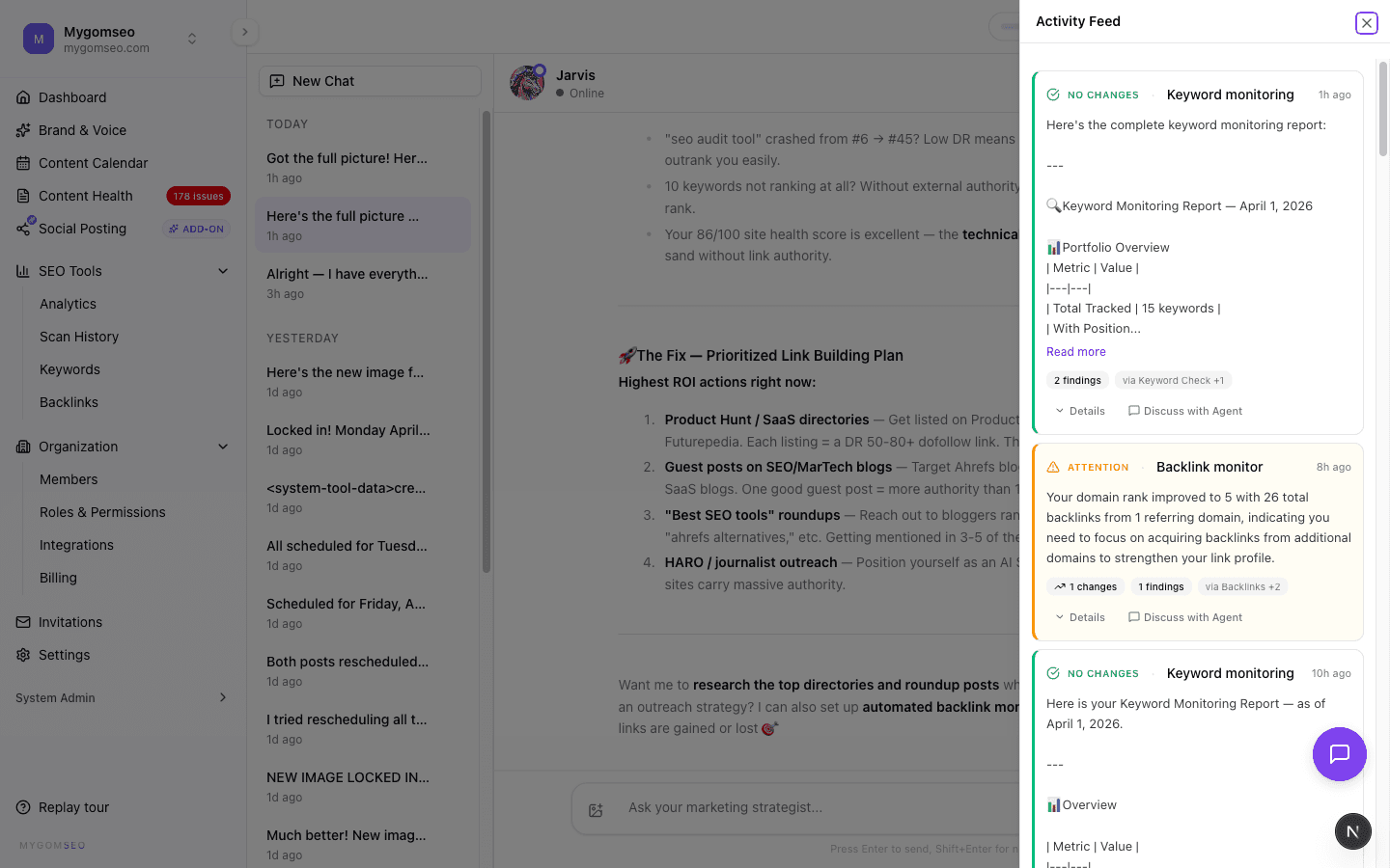 Activity feed showing completed monitoring tasks with severity indicators, findings summaries, and discussion prompts