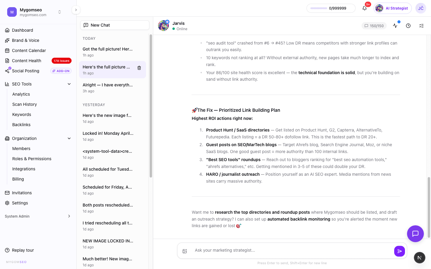 Agent chat showing cross-domain analysis with tool call results for keyword tracking, content health, and backlink overview