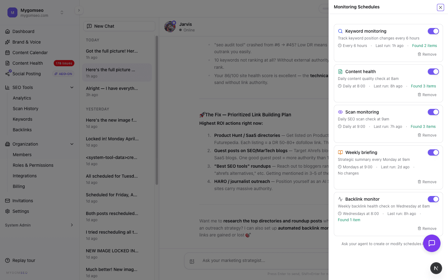 Schedules panel showing automated monitoring tasks with human-readable intervals, last run status, and toggle controls