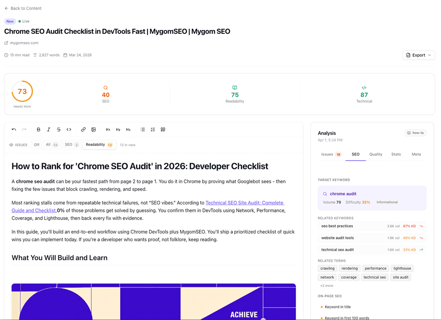Mygom SEO content analyzer showing overall quality score ring, SEO metrics, readability grade, and AI detection risk in a side-by-side editor view