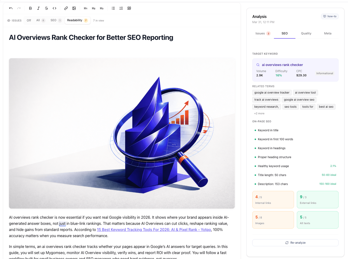 SEO analysis tab showing keyword placement checks, LSI coverage pills, and link and image count progress bars