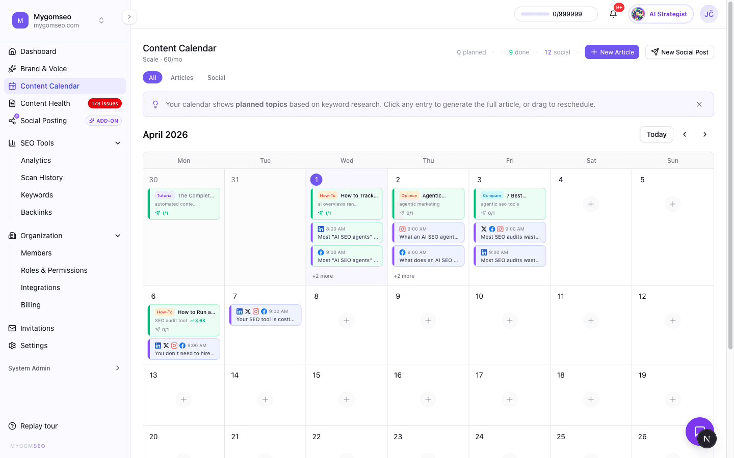 Unified content calendar showing blog articles and social posts on one timeline with platform icons, status badges, and scheduled dates