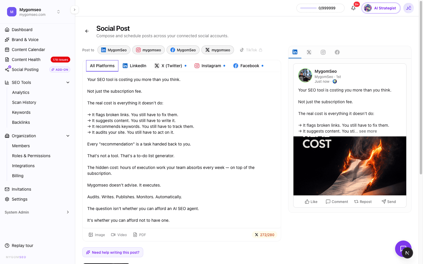 Social media composer showing per-platform content tabs with different text for LinkedIn and Twitter, character count bars, and first comment input