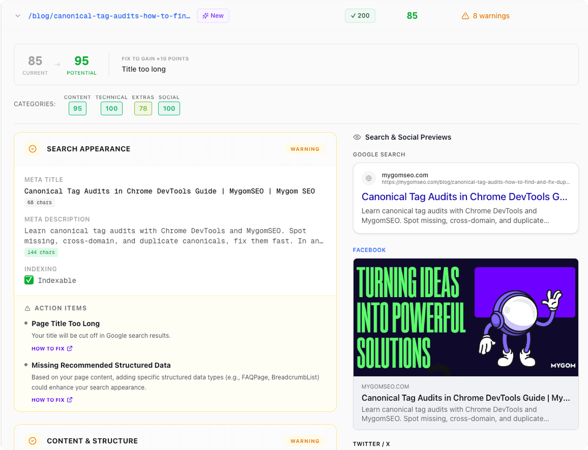 SEO score breakdown showing category scores for content, technical, social, and enhancements